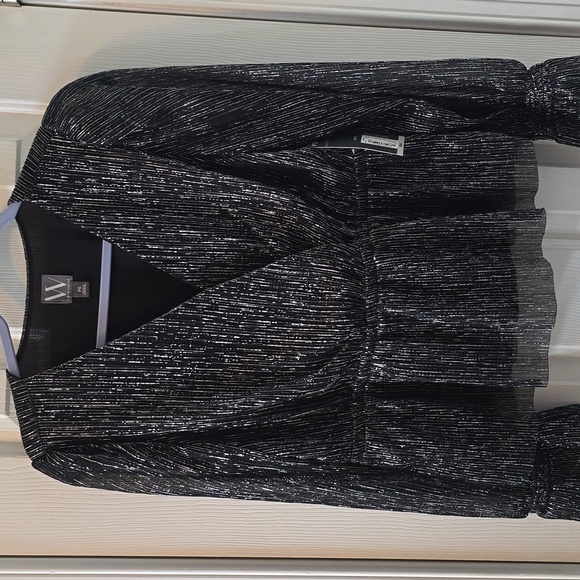 WORTHINGTON WOMEN'S CRISS-CROSS LONG SLEEVE BLACK & SILVER BLOUSE  PETITE SMALL - Picture 6 of 17